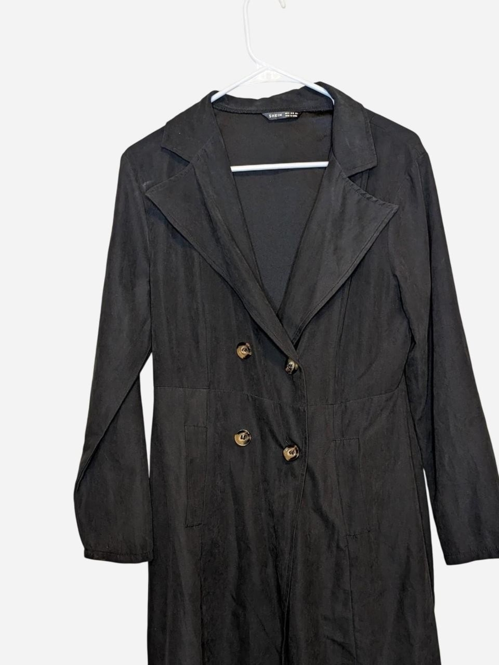 SHEIN Black Faux Suede Double Breasted Trench Duster Coat Tortoise Buttons M